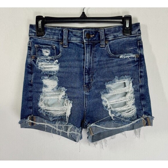 American Eagle Outfitters Pants - American Eagle Mom Shorts Womens 4 Blue Distressed Cuffed High Rise Stretch